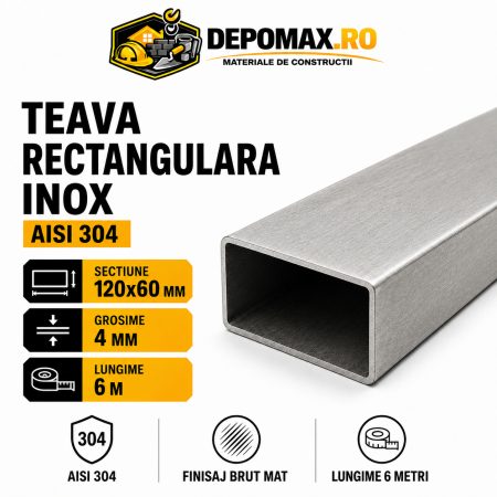 Teava rectangulara inox AISI 304, 120 x 60 x 4 mm, 6 metri
